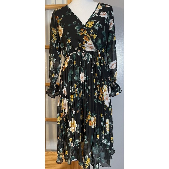 indigo Rose Dresses & Skirts - Indigo Rose Pleated Floral Dress Sz M Gold Pink Long Sleeve Career Party Cottage